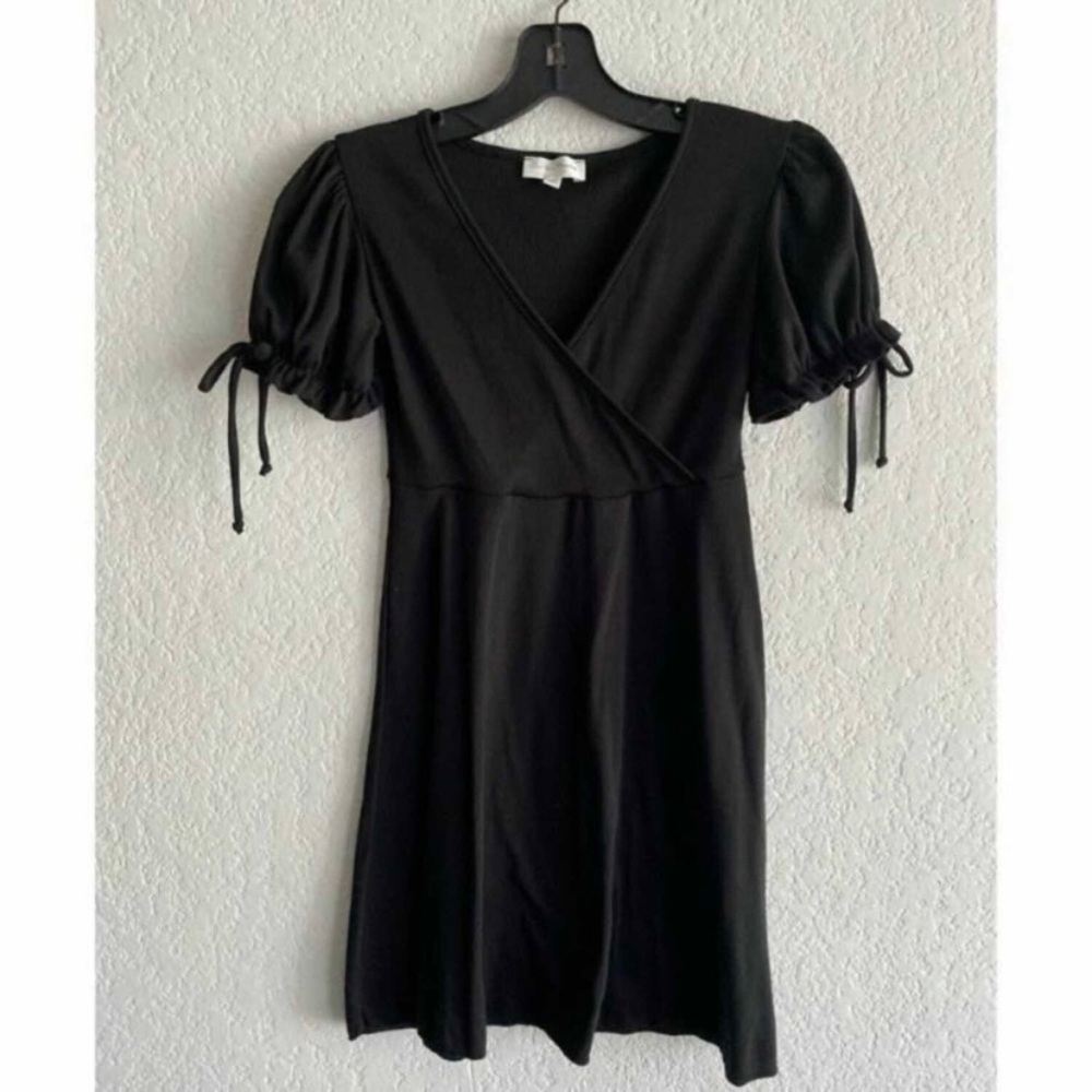 See You Monday Black Mini Dress with Puff Sleeves